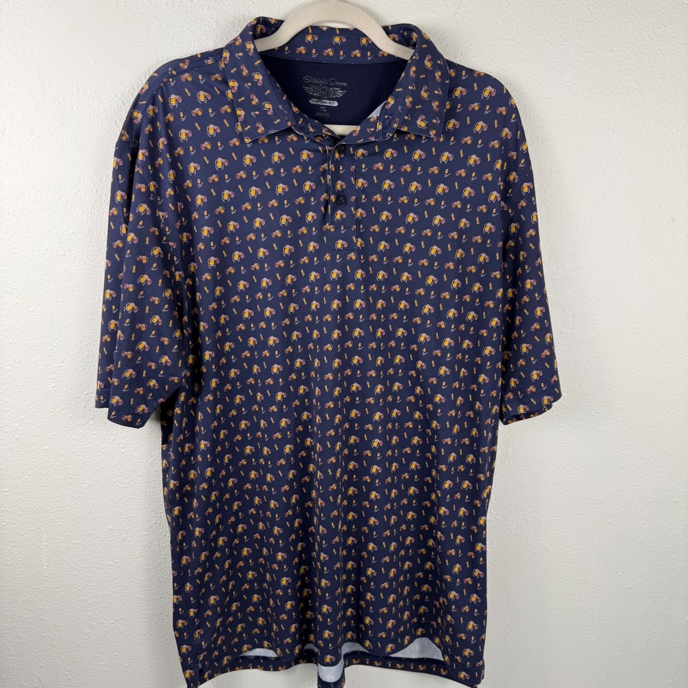 Straight Down Mens XL Beer‎ Mug Print Performance Golf Polo Shirt Navy Blue